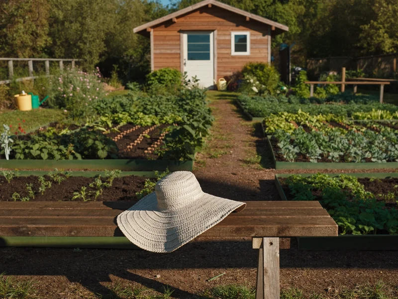 Morgenlicht über einem gepflegten Schrebergarten mit Hochbeeten, Gerätehaus und einem Strohhut auf der Bank