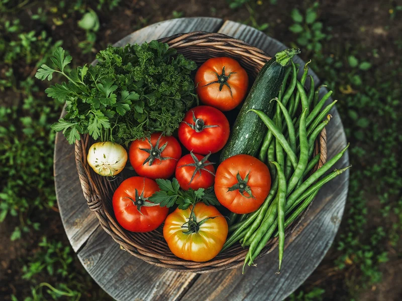 Korb mit frisch geernteten Tomaten, Zucchini, Bohnen und Kräutern auf einem Gartentisch